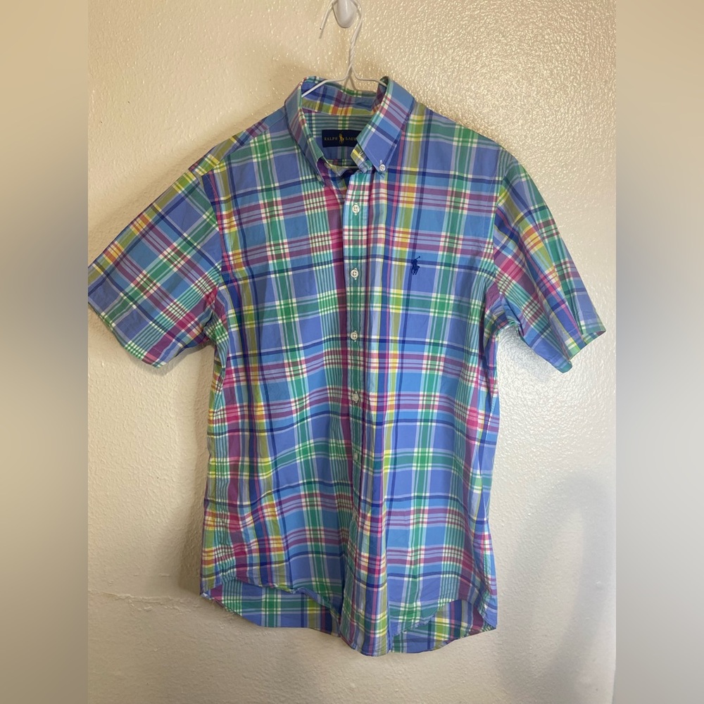 Ralph Lauren bright and colorful plaid button down shirt sleeve shirt, size M